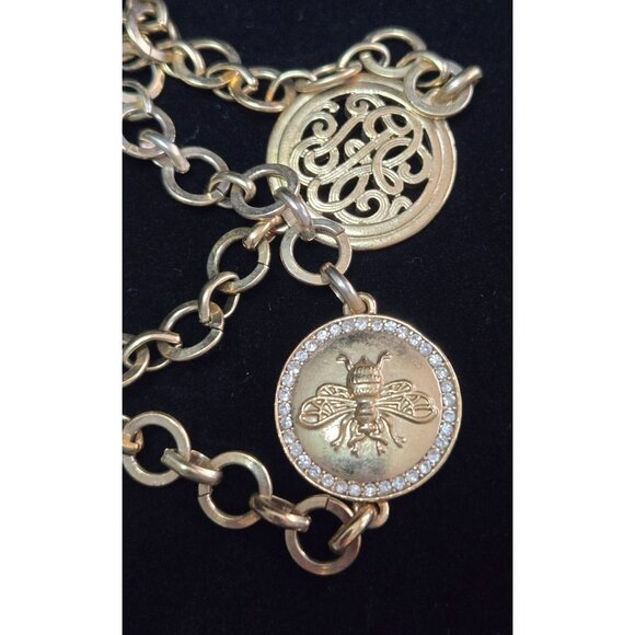 Vintage Monet Goldtone Station Necklace Bees Script Medallions 60" Necklace - Picture 5 of 5